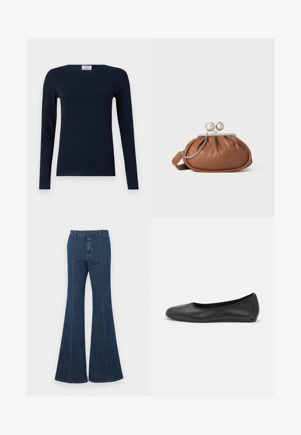 Marineblaues Langarm-T-Shirt aus weicher Baumwolle. Verfügt über einen runden Hals, Slim-Fit-Schnitt und einen regulären Saum ohne sichtbare Muster oder Akzente.; Dunkelblaue, ausgestellte Denim-Hosen mit strukturierten Nähten und einem sauberen Finish. Verfügt über einen mittelhohen Bund und weite, fließende Beine.; Schwarze Leder-Ballettschuhe mit abgerundeter Spitze, glatter Textur, minimalen Nähdetails und einem flexiblen Sohlen-Design.; Braune Leder-Clutch mit silbernem Kugelverschluss und einem kleinen silbernen Kettendetail auf weißem Hintergrund.