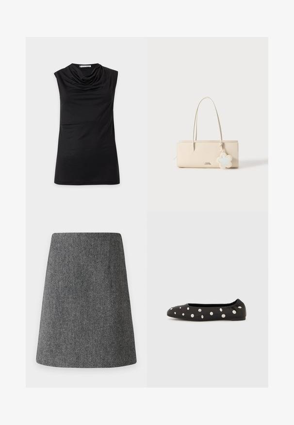 Haut noir sans manches avec un col bénitier drapé et un ourlet droit, présenté sur un fond clair uni.; Jupe en chevrons gris avec une forme évasée en A, fabriquée à partir d'un tissu texturé. Présente une taille épurée sans quincaillerie ni accents visibles.; Chaussure ballerine noire à bride élastique à l'arrière, ornée de gros clous ronds argentés dispersés sur le dessus, vue de profil sur fond blanc.; Sac en cuir beige avec deux longues poignées, de forme rectangulaire, logo en relief, et un charm décoratif en fleur bleu clair attaché.