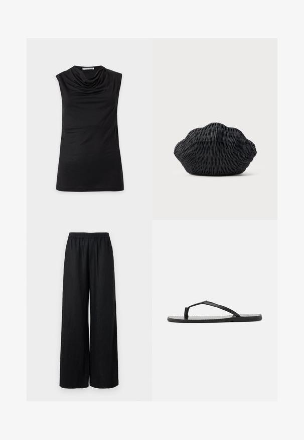 Haut noir sans manches avec un col bénitier drapé et un ourlet droit, présenté sur un fond clair uni.; Pantalon large en lin noir avec taille élastique, présentant une finition texturée et une silhouette ample pour le confort et la respirabilité.; Tongs noires au design minimaliste, avec des sangles fines et une semelle plate. Le matériau semble être du plastique avec une texture lisse.; Sac à main en osier noir en forme de coquille Saint-Jacques avec un dessus courbé et une texture tressée sur un fond uni.