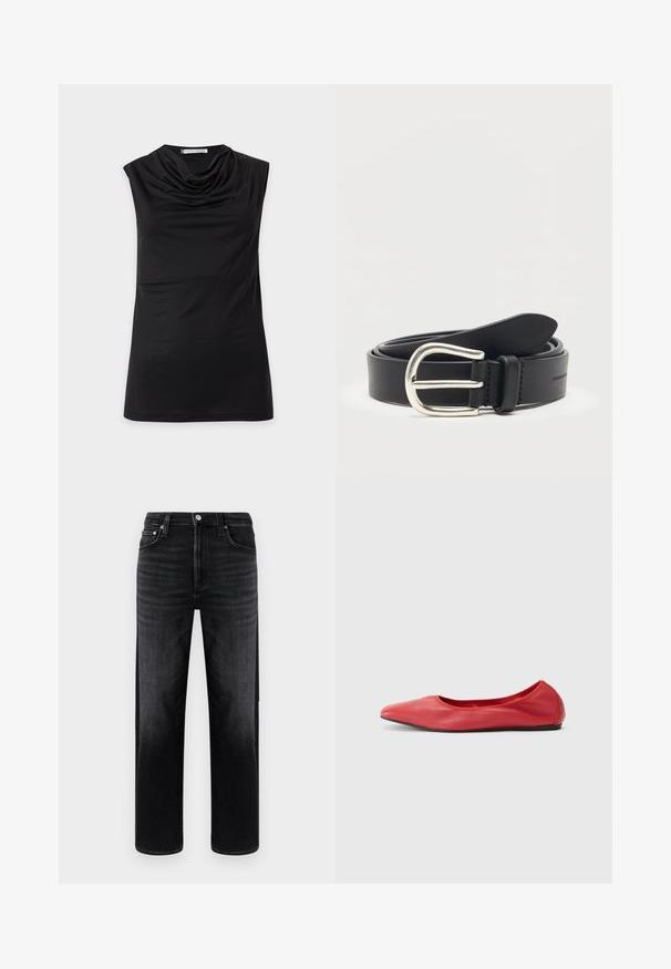 Ærmeløs sort top med draperet bådudskæring og lige kant, vist mod en ensartet lys baggrund.; Sorte denimjeans med afslappet pasform, lige ben og minimal falmning. Har knaplukning, fem lommer og diskrete syningsdetaljer.; Filippa K REY FLATS - Ballerinasko - bright red; Sort læderbælte rullet med en sølv metal rundet spænde på en ens hvid baggrund.