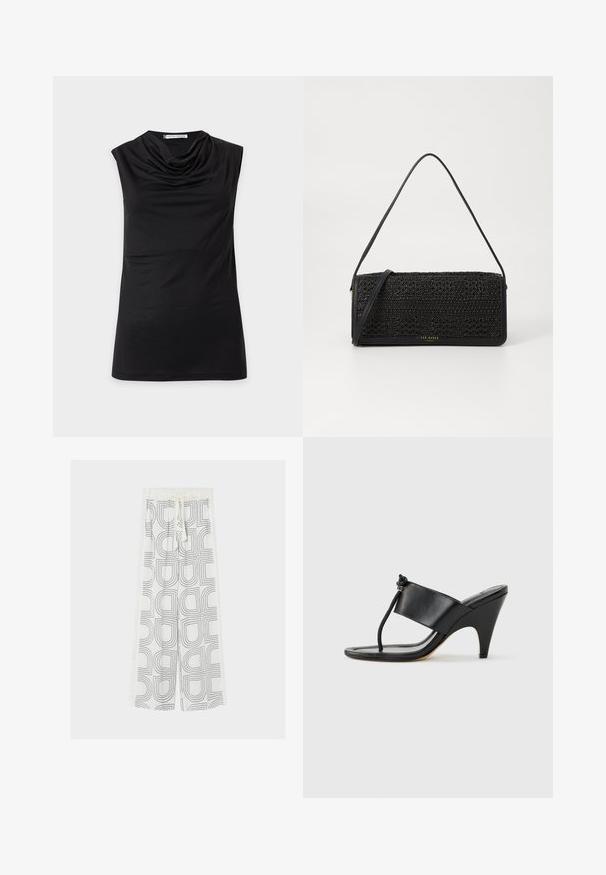 Haut noir sans manches avec un col bénitier drapé et un ourlet droit, présenté sur un fond clair uni.; Pantalon blanc à jambes larges avec motifs géométriques noirs en demi-cercle et taille à cordon, sur un fond clair uni.; Sandale noire à talon haut avec une large bride avant et une boucle d'orteil dotée d'un détail de corde nouée, vue de profil sur fond blanc.; Sac à main noir avec un motif tissé texturé, des accents en cuir, une forme élancée et une longue bandoulière. Détail du logo doré sur le devant.