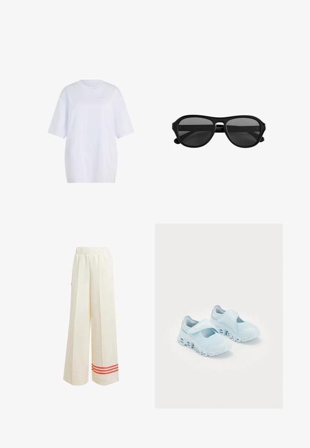 Weißes oversized T-Shirt mit kurzen Ärmeln, Rundhalsausschnitt und kleinem, dezentem Logo auf der linken Brust.; Beige weite Hose mit strukturierter Oberfläche, entspanntem Schnitt, elastischem Bund und roten Streifenakzenten am Saum.; Helle blaue Sneaker aus Mesh-Stoff, mit auffälligen Ausschnitten in der Sohle und einem Klettverschlussriemen oben für einen sicheren Sitz.; Schwarze Sonnenbrille mit Kunststoffrahmen, dunkel getönten Gläsern und schmaler Brücke, von vorne vor weißem Hintergrund gezeigt.