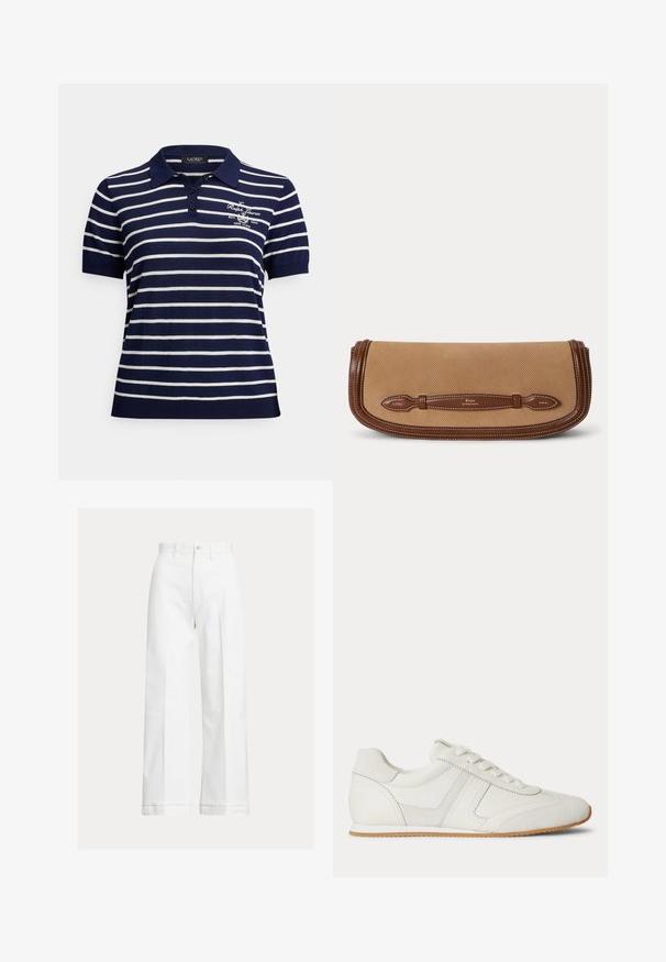 Modro-biele polo tričko s krátkymi rukávmi a vodorovnými pruhmi, golierom, tromi gombíkmi a vyšívaným logom "Ralph Lauren" na hrudi.; Biele široké nohavice z bavlny s vysokým pásom, gombíkovým zapínaním a jemnými záhybmi behúcimi pozdĺž prednej časti.; Biela nízka teniska so šnurovaním vpredu, zsemišovými a koženými panelmi a svetlohnedou gumovou podrážkou na bielom pozadí.; Béžová látková listová kabelka s hnedým koženým lemom a rúčkou s vyrazeným logom Polo by Ralph Lauren.