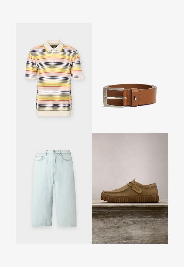 Strik polo t-shirt med korte ærmer og horisontale striber i gult, orange, marineblåt, pink og olivengrønt på en cremefarvet baggrund.; Lyseblå denimshorts med lige ben, mellemhøj talje, forlommer og en enkelt baglomme, afsluttet med diskret syning.; Lysebrune ruskindsko med rund tå, syet detaljer og en ribbet brun gummisål. Har et sidemærke med "Clarks" logo.; Brunt læderbælte med sølvfarvet rektangulært spænde og lille rektangulært logomærke med rød, hvid og sort design nær spænder.