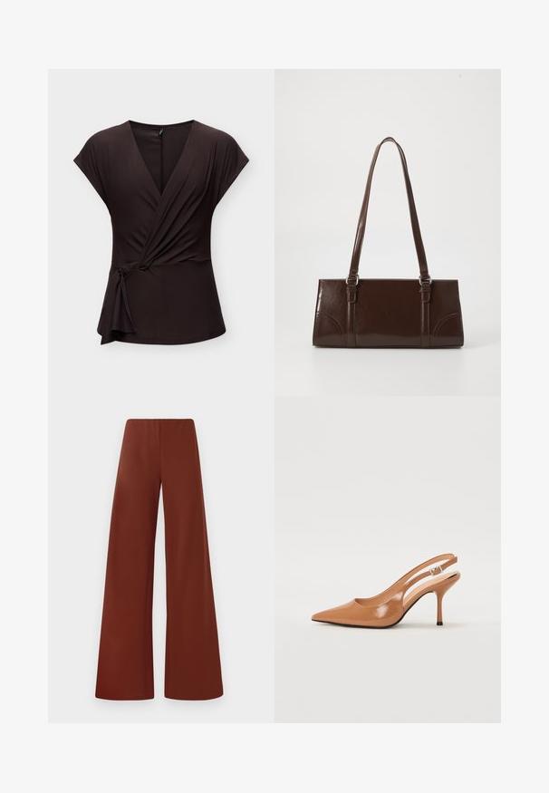Blouse cache-cœur marron foncé à manches courtes avec un nœud sur le côté et un décolleté en V, présentée sur un fond clair uni.; Pantalons larges en tissu lisse d'une couleur brun profond et riche. Présentent une taille haute et des lignes épurées sans fermetures visibles.; Escarpin à talon slingback à bout pointu en matériau beige lisse et brillant. Présente un design de découpes courbées et un talon aiguille fin. Détail de boucle en argent.; Sac à main en cuir verni marron de forme rectangulaire, avec deux longues poignées et des accents courbés subtils à l'avant.