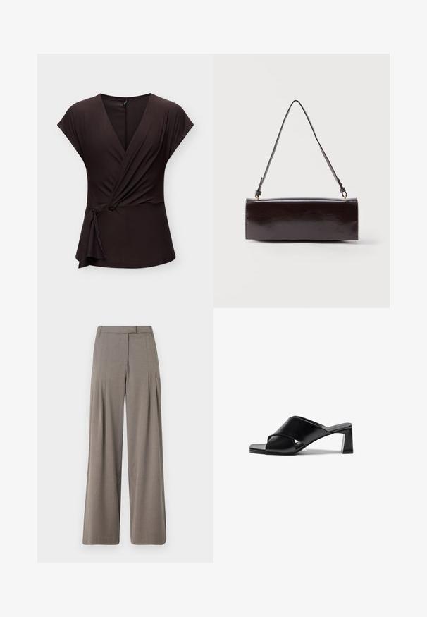 Blouse cache-cœur marron foncé à manches courtes avec un nœud sur le côté et un décolleté en V, présentée sur un fond clair uni.; Pantalons à jambe large en tissu marron clair, dotés de plis, d'un devant plat et d'un ourlet net. Texture lisse avec un léger éclat.; Sandales à talons en cuir noir avec un design à lanières croisées, un bout carré et un talon bloc. Texture lisse avec peu de détails.; Sac à main rectangulaire en cuir noir avec une longue bandoulière unique et une finition brillante, présenté sur un fond blanc uni.