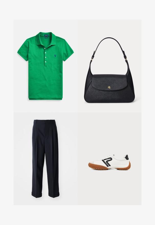 Grünes Polohemd aus Baumwolle mit klassischem Kragen, kurzen Ärmeln, Dreiknopfleiste und kleinem blauem Logo auf der Brust.; Navy, hoch taillierte Hose aus glattem Stoff. Verfügt über ein Falten-Design und umgeschlagene Bündchen für einen maßgeschneiderten Look.; Weißer Sneaker mit brauner Gummisohle, schwarzem "P"-Logo an der Seite und schwarzem Fersenlasche mit weißem Text auf schlichtem Hintergrund.; Schwarze, strukturierte Lederschultertasche mit einer geschwungenen Klappe und goldenem "RL"-Logo auf der Vorderseite, mit verstellbarem Riemen und goldener Hardware.
