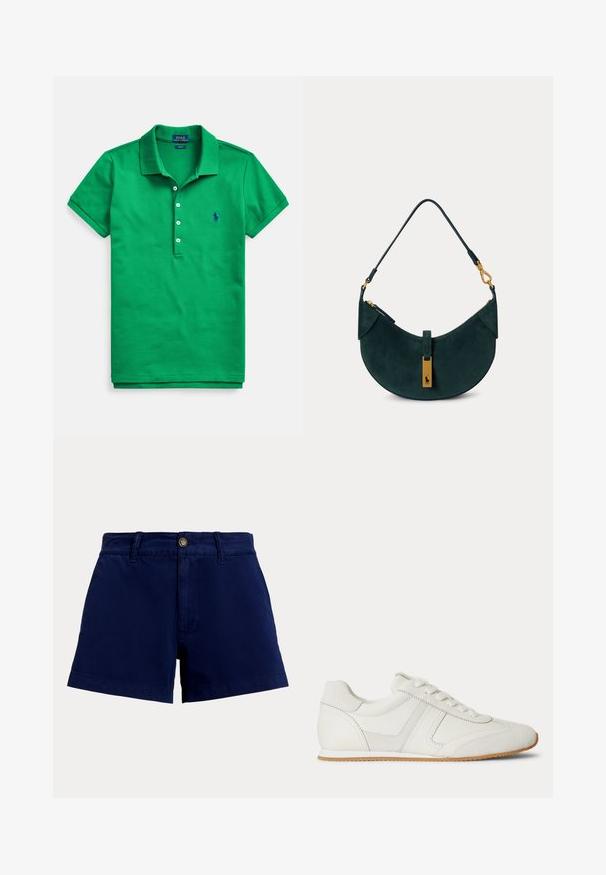 Grøn poloshirt lavet af bomuld, med klassisk krave, korte ærmer, tre-knaps lukning og et lille blåt logo på brystet.; Marineblå shorts med høj talje, bæltestropper, knaplukning og en frontlynlås, vist på en ensartet lys baggrund.; Hvid lavtop sneaker med snørelukning foran, ruskind- og læderpaneler og en lysebrun gummisål på en hvid baggrund.; Mørkegrøn ruskind skuldertaske med buet form, guldtonet hardware og en kort rem med låsedetaljer.