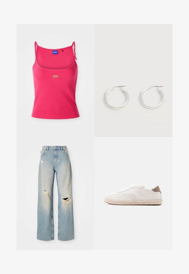Enganliges pinkes Tanktop aus Rippstoff. Verfügt über verstellbare Träger und ein kleines braunes Logotag auf der Vorderseite. Glatte Textur.; Hellblaue, gerade geschnittene Jeans mit hoher Taille, Gürtelschlaufen und ausgefransten Rissen am linken Oberschenkel, rechten Knie und unteren linken Bein.; Weißer Sneaker mit Obermaterial aus Wildleder, beigen Akzenten und einer Sohlenpartie aus gewebtem Jute. Ausgestattet mit flachen Schnürsenkeln und einem seitlichen Logo mit Markenaufdruck.; Paar mittelgroße glänzende silberne Hoop-Ohrringe mit dünnen Metallverschlüssen auf hellem neutralem Hintergrund.