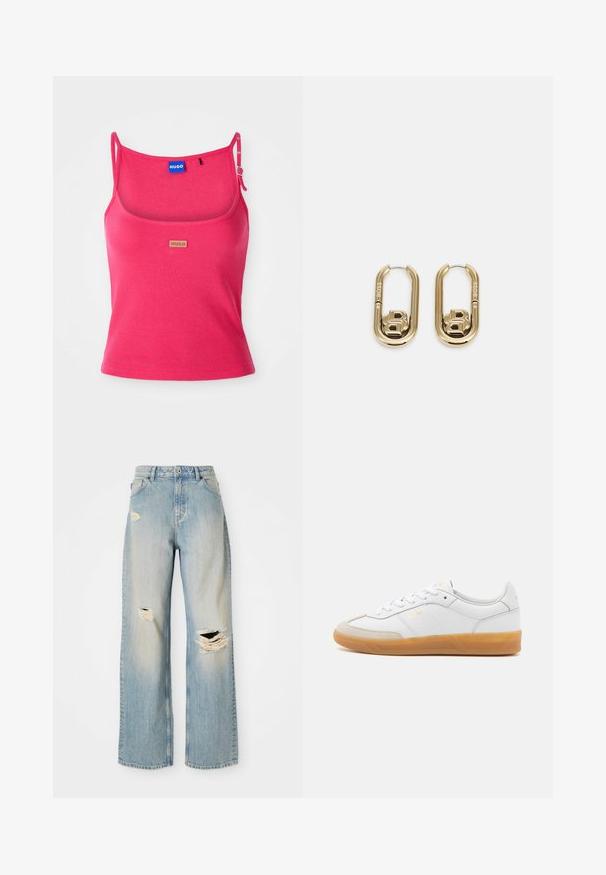 Enganliges pinkes Tanktop aus Rippstoff. Verfügt über verstellbare Träger und ein kleines braunes Logotag auf der Vorderseite. Glatte Textur.; Hellblaue, gerade geschnittene Jeans mit hoher Taille, Gürtelschlaufen und ausgefransten Rissen am linken Oberschenkel, rechten Knie und unteren linken Bein.; Weiße Ledersneaker mit beigen Wildlederakzenten, Gummi-Rahmen und Schnürdesign. Verfügt über dezente Markenkennzeichnung in Gold.; BOSS DOUBLE B SWING - Ohrringe - gold-coloured