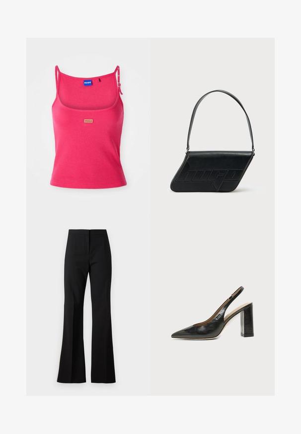 Siddende pink tanktop lavet af ribbet stof. Har justerbare stropper og et lille brunt logo-tag foran. Glat tekstur.; Sorte svingbukser lavet af et glat stof, med højtaljet talje, forreste folder og en ren finish ved sømmene.; Sort læder peep-toe slingback sko med høj blokhæl og beige indvendig foring mod en ensfarvet lys baggrund.; Sort skuldertaske i læder med trekantet form, præget logo og en enkelt justerbar rem. Minimalistisk design med glat tekstur.