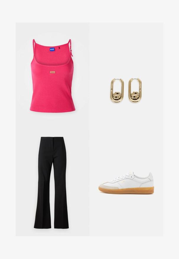 Top de tirantes rosa ajustado fabricado en tejido acanalado. Presenta tirantes ajustables y una pequeña etiqueta de logo marrón en la parte delantera. Textura suave.; Pantalones de campana negros hechos de una tela suave, con cintura alta, pliegues delanteros y un acabado limpio en los bajos.; Zapatilla de cuero blanca con acentos de ante beige, suela de goma y diseño de cordones. Presenta un sutil logo en dorado.; BOSS DOUBLE B SWING - Pendientes - gold-coloured