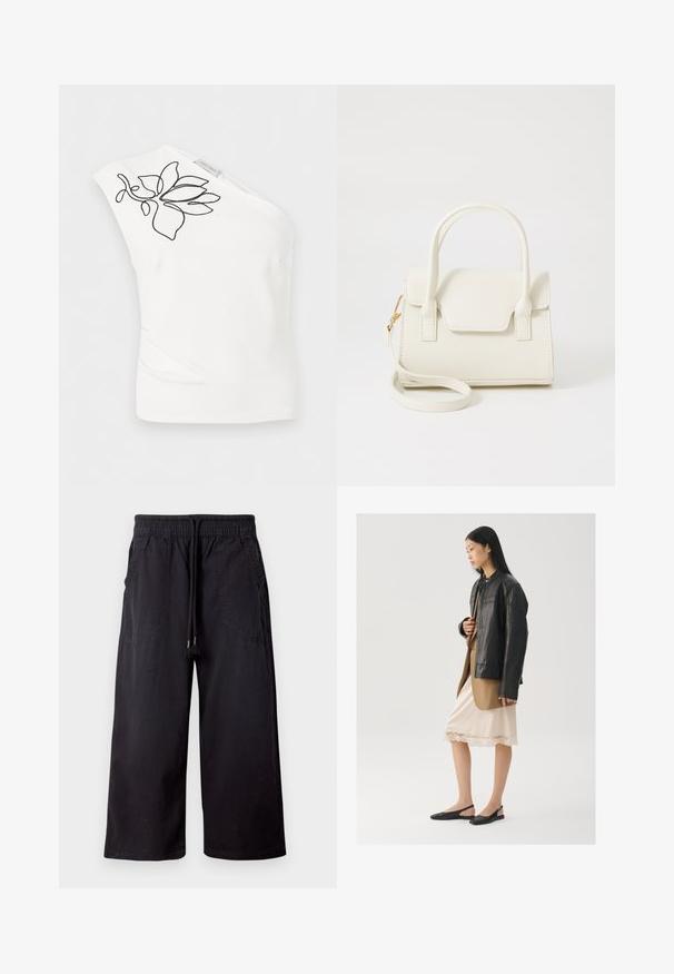 Top blanco de un solo hombro con diseño floral abstracto bordado en negro cerca del escote y una pequeña etiqueta de tela con la marca.; Pantalones negros de pierna ancha con cintura elástica y cordón, con bolsillos delanteros de parche, exhibidos sobre un fondo claro y liso.; Chaqueta de cuero negra sobre una blusa marrón, combinada con un vestido camisón color crema claro con ribete de encaje y zapatos slingback negros.; Bolso pequeño blanco con doble asa, solapa frontal y correa de hombro desmontable con cierre dorado sobre fondo blanco liso.