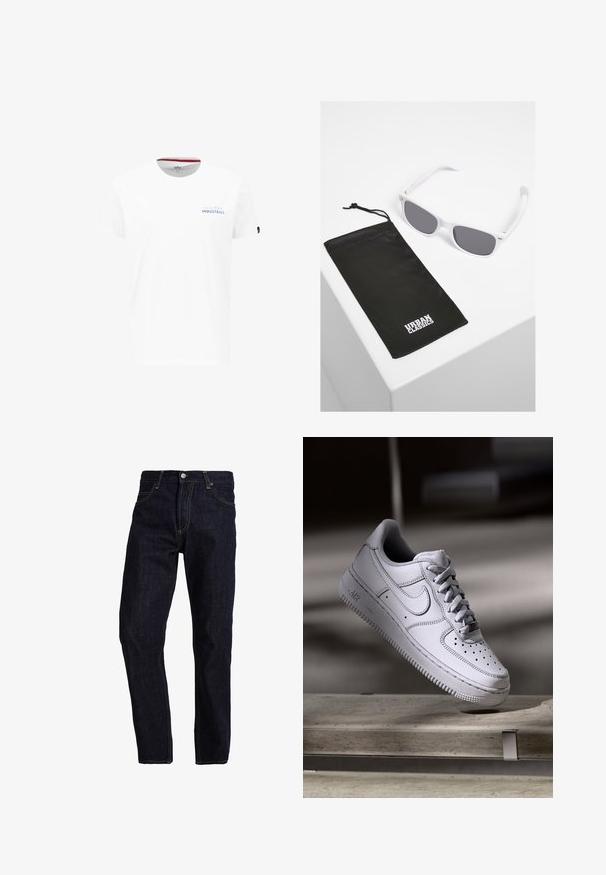 Witte katoenen t-shirt met een ronde hals, korte mouwen en een blauwe logo tekst "ALPHA INDUSTRIES" op de linkerborst.; Donkerblauwe spijkerbroek met een rechte pasvorm, voorzien van gele stiksels, vijf zakken en een klassieke knoop- en ritsluiting.; Witte Nike Air Force 1 sneaker van leer met geperforeerde neus, platte veters en een gestructureerde rubberen zool met "AIR"-logo aan de zijkant.; Witte plastic zonnebril met grijze lenzen naast een zwart stoffen zakje met een wit "URBAN CLASSICS" logo in vette letters.
