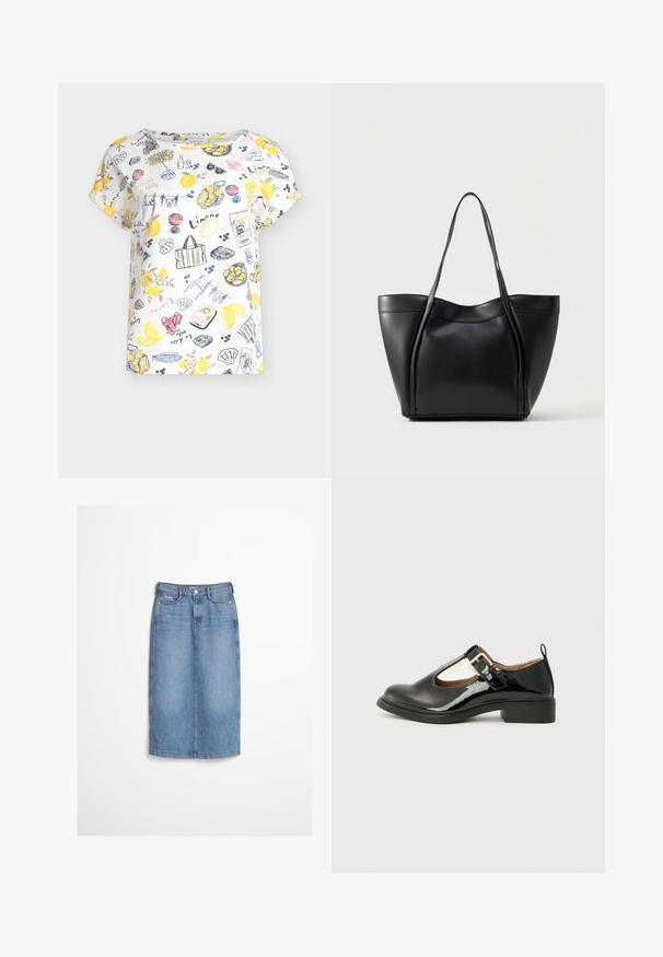 Chemise blanche à manches courtes avec un imprimé coloré de citrons, lunettes de soleil, vin, coquillages et phrases italiennes en jaune, bleu, rose et noir.; Jupe en denim bleu clair avec boutons à l'avant et passants pour ceinture, portée avec un pull texturé foncé.; Chaussure Mary Jane en cuir verni noir avec un bout arrondi, une sangle au niveau de la cheville, un détail de boucle dorée et un petit talon carré. Texture lisse.; Sac cabas en cuir noir avec deux longues anses et un bord supérieur légèrement incurvé, présenté sur un fond clair uni.