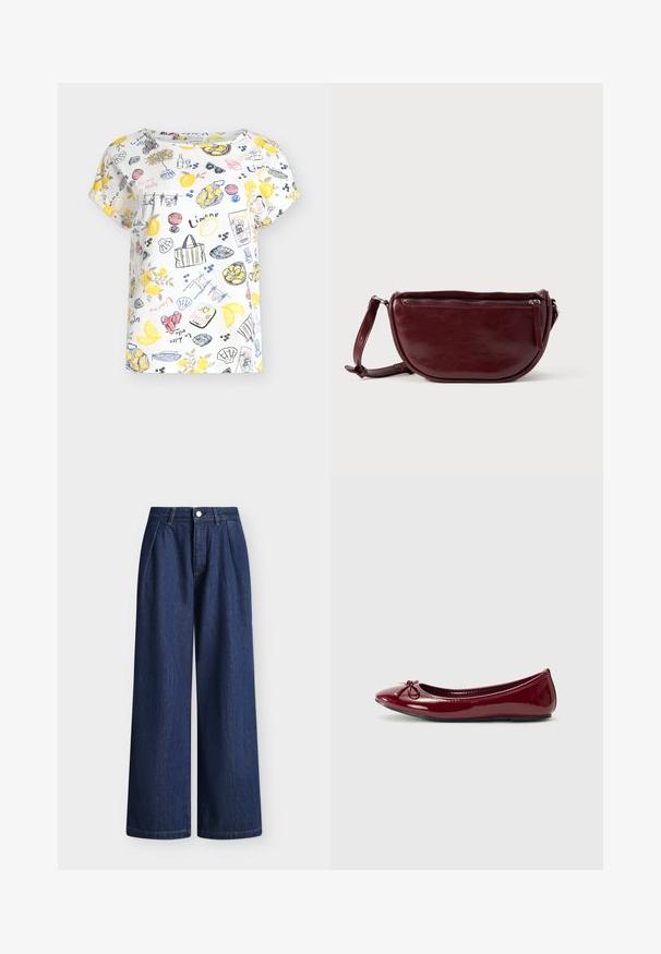 Weißes kurzärmeliges Hemd mit farbenfrohem Aufdruck von Zitronen, Sonnenbrillen, Wein, Muscheln und italienischen Phrasen in Gelb, Blau, Pink und Schwarz.; Hoch taillierte dunkelblaue Jeans mit weitem Bein, vorderen Falten, Gürtelschlaufen und Knopfverschluss.; Balletschuh aus glänzendem burgunderfarbenem Lackleder, mit runder Zehe und kleinem Schleifendetail an der Vorderseite. Glatte Textur, niedriger Absatz.; Dunkelroter Lederhandtasche in halbmondförmiger Form mit Reißverschluss und abnehmbarem Tragegurt. Glatte Textur mit dezentem Glanz.