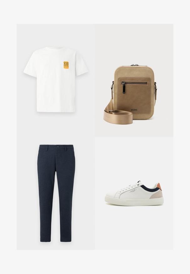 Hvid bomulds t-shirt med korte ærmer, prydet med et gult og sort grafisk design på den øverste venstre side.; Mørkeblå slim-fit bukser med bælteløkker, frontknap og forlommer, præsenteret på en hvid baggrund.; Hvide lædersneakers med low-top design, marineblå stofdetalje på kraven og en lys lyserød suede hælflap. Gummisål.; Lille beige crossbody-taske med lynlåslomme foran, metal ALDO-logo, justerbar bred rem og rundet rektangulær form på hvid baggrund.