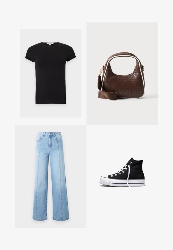 T-shirt noir cintré à manches courtes avec col rond et petite étiquette blanche Topshop au niveau de l'encolure.; Jean large taille haute bleu clair avec coutures devant, fermeture à boutons et design cinq poches sur un fond uni.; Baskets montantes en toile noire avec semelle en caoutchouc blanche et lacets blancs, vues de côté sur un fond blanc.; Sac à main en cuir tressé marron avec passepoil blanc, fermeture éclair dorée et bandoulière amovible en tissu marron.