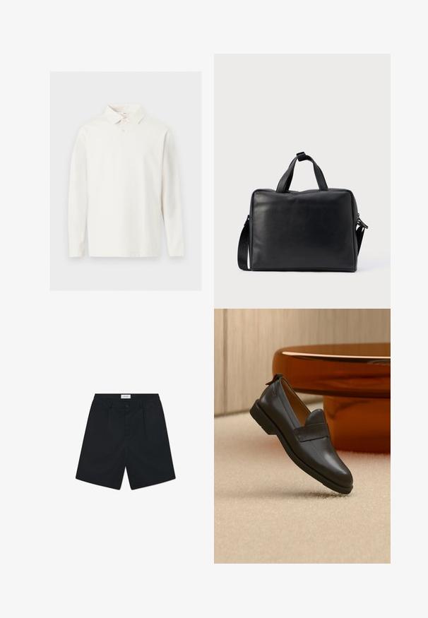 Polo blanc à manches longues avec col et deux boutons, présenté à plat sur un fond clair.; Shorts noirs en tissu avec une texture lisse. Comprend une fermeture à bouton, deux plis avant et une taille standard.; Mocassin en cuir noir à talon bas flottant au-dessus d'un tapis beige, à côté d'une table brillante couleur ambre dans une pièce minimaliste.; Sac de voyage en cuir noir de forme rectangulaire, avec deux poignées, une bandoulière amovible et des ornements minimalistes.