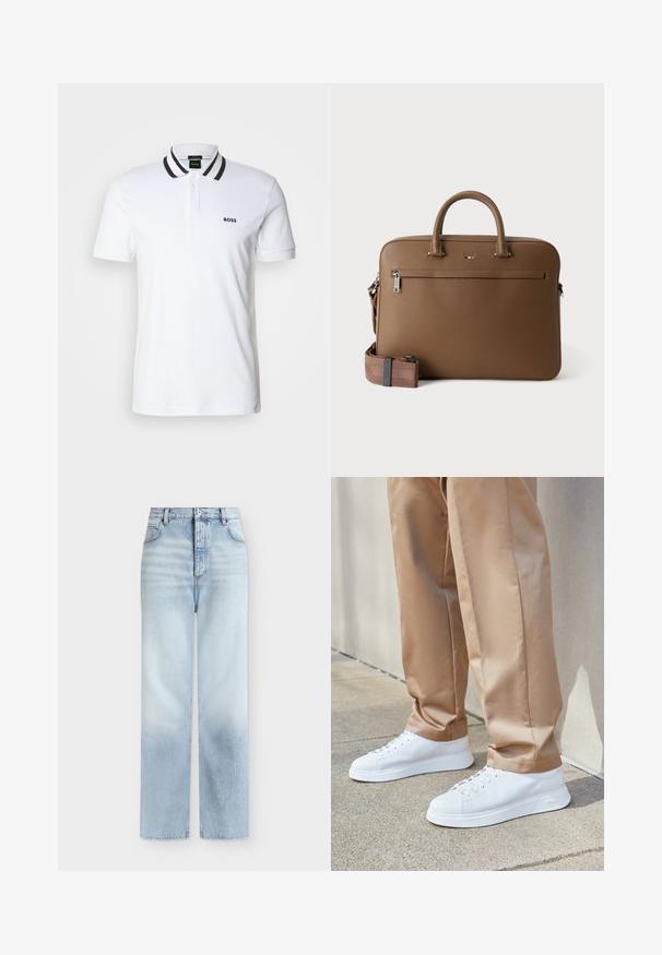 BOSS PAULE - Poloshirt - white; Lichtblauwe, hoog getailleerde, rechte jeans met voorzakken, riemlussen en een knoopsluiting.; Witte leren sneakers met een gladde afwerking, ronde neuzen, witte veters en een minimalistisch ontwerp. Draag ze met lichtbruine, taps toelopende broeken.; Bruine leren aktetas met bovenhandvatten, voorvak met ritssluiting en afneembare bijpassende schouderriem op witte achtergrond.