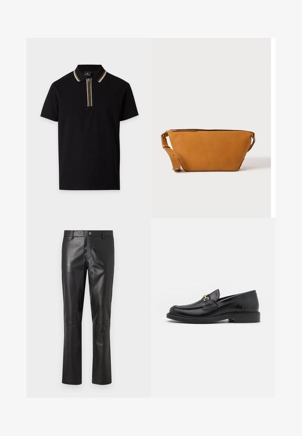 Polo noir à manches courtes avec fermeture éclair à l'avant et col à rayures beige et blanches.; Pantalon en cuir noir avec une texture lisse, design à jambes droites et couture subtile le long des coutures. Présente une fermeture à bouton à la taille.; Mocassins en cuir noir avec un embout rond, présentant des accents en métal doré et des détails de couture, montés sur une semelle en caoutchouc texturé et basse.; Sac bandoulière en cuir marron clair avec sangle réglable et fermeture éclair, présenté sur un fond clair uni.