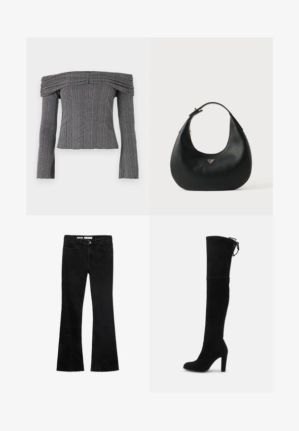 Off-the-shoulder top i tekstureret grå stof med lodrette striber, der har lange ærmer og sammensyning langs halsudskæringen.; Sorte flared jeans i et blødt stof med en rå kant, der har to frontlommer og en knappelukning med lynlås.; Sort ruskind lårhøj støvle med høj chunky hæl og bindelukning øverst, set fra siden mod en neutral baggrund.; Sort læder hobo-taske med en glat tekstur, rund form og en kort skulderrem. Har en lille sølvfarvet trekantet logo på fronten.