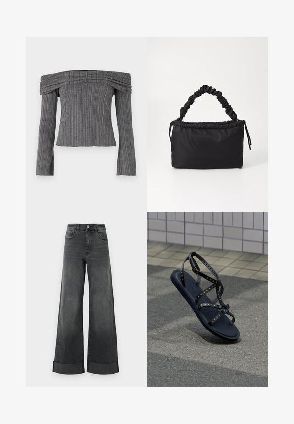 Haut décolleté en tissu gris texturé avec des rayures verticales, présentant des manches longues et des détails froncés le long de l'encolure.; Jeans larges noirs taille haute avec ourlets retroussés, bouton frontal et poches, présentés sur un fond clair uni.; Sandale marine avec brides grises à clous, semelle plate et boucle réglable. Dispose d'une semelle intérieure texturée et d'un design minimaliste.; Sac noir en tissu doux et lisse. Présente une anse froncée et un système de fermeture à cordon, avec une forme rectangulaire et aucun matériel visible.