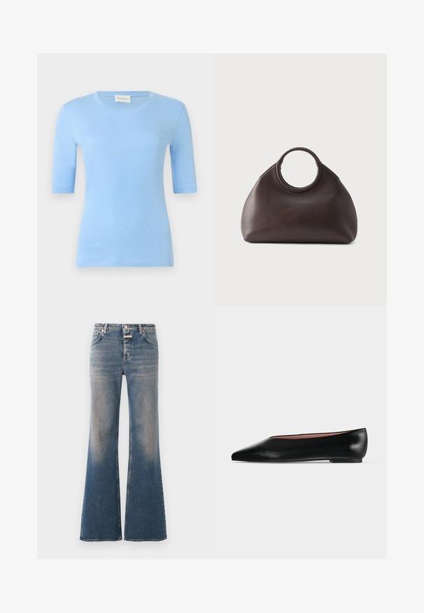 T-shirt bleu clair à manches courtes avec un col rond, fabriqué en tissu doux. Présente une silhouette ajustée et une texture lisse.; Jean en denim bleu délavé avec une taille haute, style classique cinq poches, fermeture par boutons et jambes évasées larges.; Chaussure plate en cuir noir pour femme, avec bout pointu et petit talon, vue de côté sur un fond gris clair uni.; Sac à main en cuir marron foncé avec des poignées tressées rondes et une forme douce et arrondie sur un fond clair uni.