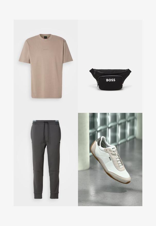 Beige kortærmet t-shirt i blød bomuld med rund hals, der har et broderet "BOSS" logo på brystet.; Kullfarvede sweatpants med elastisk talje, justerbar snøre, sidelommer og ribbede manchetter. Glat tekstur og tætsiddende design.; Hvid og beige BOSS-sneaker med brun sål, der svæver over poleret betongulv mod en baggrund af glasblokvæg.; Sort stofet bæltetaske med en lynlåslomme foran, stort hovedrum og hvid "BOSS" logo på forsiden. Glat tekstur, struktureret form.