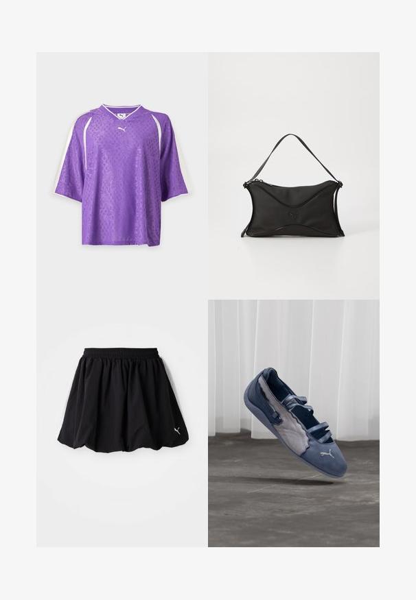 Purple Puma sportshirt met korte mouwen, subtiel bloemenpatroon en witte strepen op de mouwen tegen een effen achtergrond.; Zwarte sportrok met een elastische tailleband, voorzien van zijpanelen in het wit en een klein logo op de zoom. Gemaakt van lichtgewicht stof.; Blauwe en grijze Puma platte schoen met drie elastische bandjes, een gestructureerd zijpaneel en een wit Puma-logo, zwevend boven een betonnen vloer.; Zwarte handtas van een zacht, textuur materiaal. Heeft een golvend ontwerp, een enkele schouderband en een subtiel logo-detail op de voorkant.