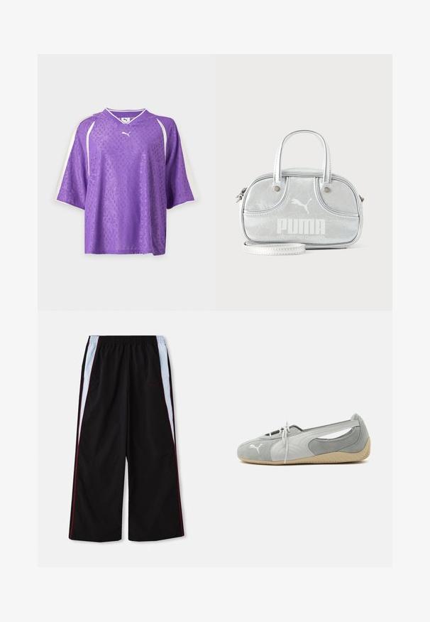 T-shirt de sport à manches courtes Purple Puma violet avec un motif floral subtil et des bandes blanches sur les manches sur fond uni.; Pantalons de sport noirs à jambes larges, ornés de rayures latérales bleu clair et rouges, avec un petit logo "FENTY" à l'avant.; Chaussure plate en daim Puma gris clair avec logo blanc, lacets à l'avant, côtés découpés et semelle beige texturée, vue du côté extérieur.; Petit sac à main Puma argent métallisé avec deux poignées supérieures, une longue bandoulière, logo sur le devant et fermeture zippée sur fond uni clair.