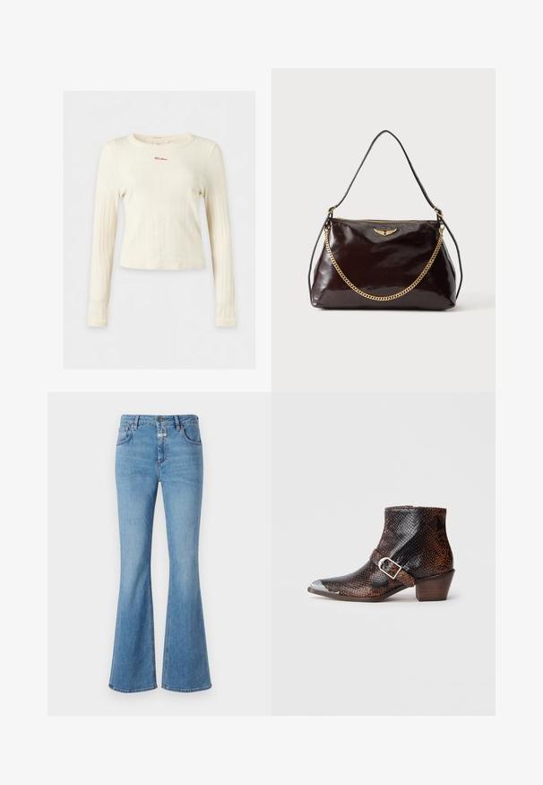 Cremefarbenes, geripptes Langarmshirt mit rundem Ausschnitt und kleinem rotem "Mother"-Text auf der Brust bestickt.; CLOSED JOVANNA - Jeans Bootcut - light blue; Schwarz-braune Schlangenleder-Print Knöchelstiefel mit silberner Zehenspitze, Schnallenakzent und niedrigem Holzabsatz. Glatte Textur, enganliegendes Design.; Dunkelbraune glänzende Ledertasche mit einem goldenen Flügelsymbol, goldener Kettendetail und einem dünnen Leder-Schulterriemen auf einfarbigem Hintergrund.