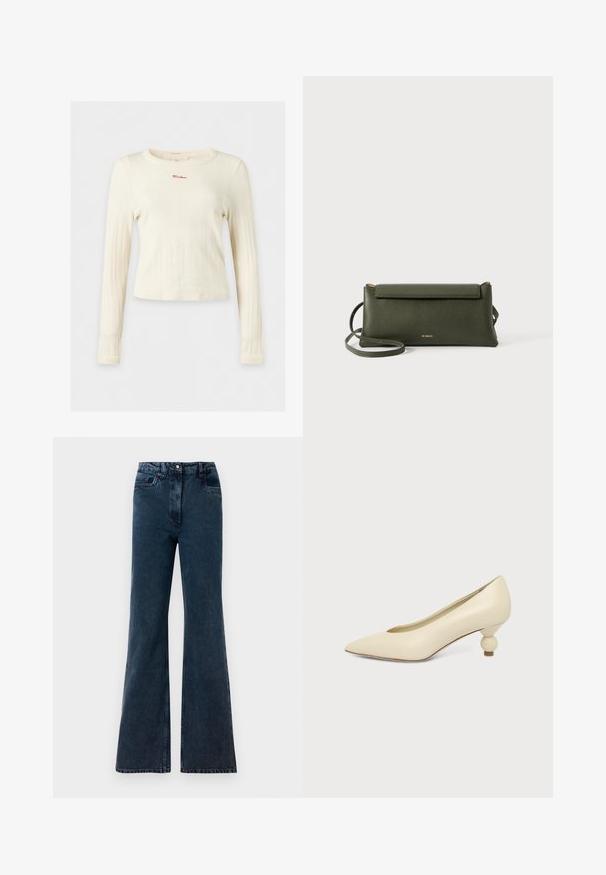 Cremefarbenes, geripptes Langarmshirt mit rundem Ausschnitt und kleinem rotem "Mother"-Text auf der Brust bestickt.; Dunkelblaue Hochbund-Weitleg-Jeans mit Fronttaschen, Gürtelschlaufen und Knopfverschluss.; Damenpumps in cremefarben mit spitz zulaufender Schuhspitze und niedrigem, kugelförmigem Absatz vor einfarbigem Hintergrund.; Dunkelgrüne, strukturierte Leder-Crossbody-Tasche mit Klappenverschluss und dünnem verstellbarem Tragegurt, geprägt mit kleinem goldenen "Bee Projects"-Logo.