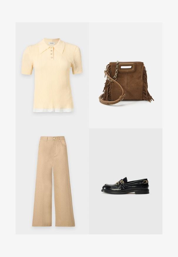 Kortärmelig geribbelde katoenen poloshirt in lichtgeel met vier knopen en een witte kanten rand aan de zoom.; sandro GABARD VERSION STARS - Wide leg - beige; Zwarte leren instappers met een glanzende afwerking, voorzien van twee gouden gespen en een lage hak. Gladde textuur met een ronde neus.; Maje MINI - Schoudertas - camel