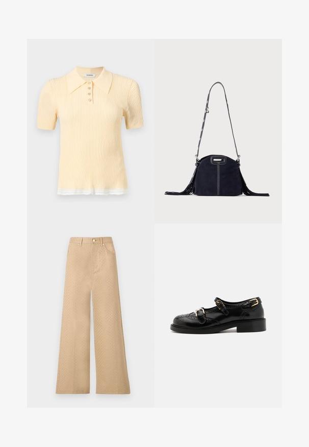 Lühikeste varrukatega soonikkoes polo-särk kahvatu kollase tooniga, millel on neli nuppu ja valge pitsääre allosas.; sandro GABARD VERSION STARS - Wide leg - beige; Mustal nahast kingad brogue-tekstiiliga, millel on kaks pandla rihma, ümar varvas ja madal konts. Sujuv tekstuur ja läikiv viimistlus.; Tume sinine seemisnahast käekott valgete õmblustega, väljalõigatud käepide, mustriline õlarihm ja pikad tuttides ääred mõlemal küljel.