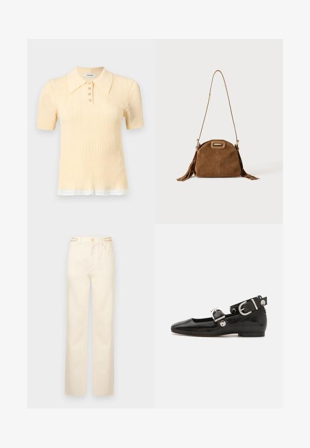Kortärmelig geribbelde katoenen poloshirt in lichtgeel met vier knopen en een witte kanten rand aan de zoom.; Rabanne Straight leg jeans - off white denim; Zwarte gepatineerde leren platte schoen met een vierkante neus, enkelband met zilverkleurige hardware en platte zool. Gladde textuur met minimalistisch ontwerp.; Bruine suède schoudertas met lange band, rechthoekige handgreep uitsparing en kwastdetails aan de zijkanten tegen een witte achtergrond.
