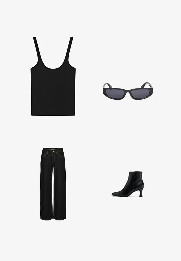 Zwarte mouwloze tanktop met dunne bandjes en een ronde halslijn, plat gelegd op een witte achtergrond.; Zwarte wijde jeans van denim met contrasterende gele stiksels. Voorzien van een knoopsluiting en meerdere zakken.; Zwarte leren enkellaars met een spitse neus, slank ontwerp en een taps toelopende, gebogen hak. Gladde textuur met minimale accentdetails.; Zwarte rechthoekige zonnebril met donker getinte glazen en dikke monturen tegen een witte achtergrond.