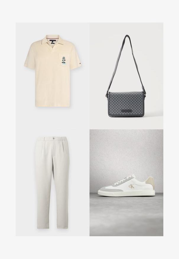 Polo beige à manches courtes avec col, poche poitrine brodée d'un palmier, et petit logo sur la manche gauche.; Pantalon beige clair à coupe décontractée avec une légère brillance, doté d'une taille élastique, de poches avant et d'une coupe fuselée.; Baskets blanches Calvin Klein avec accents en daim beige et logo, flottant au-dessus d'un sol gris lisse avec un mur en blocs de verre en arrière-plan.; Sac à épaule noir avec motif géométrique blanc répétitif et bandoulière réglable, logo Calvin Klein sur le rabat avant.