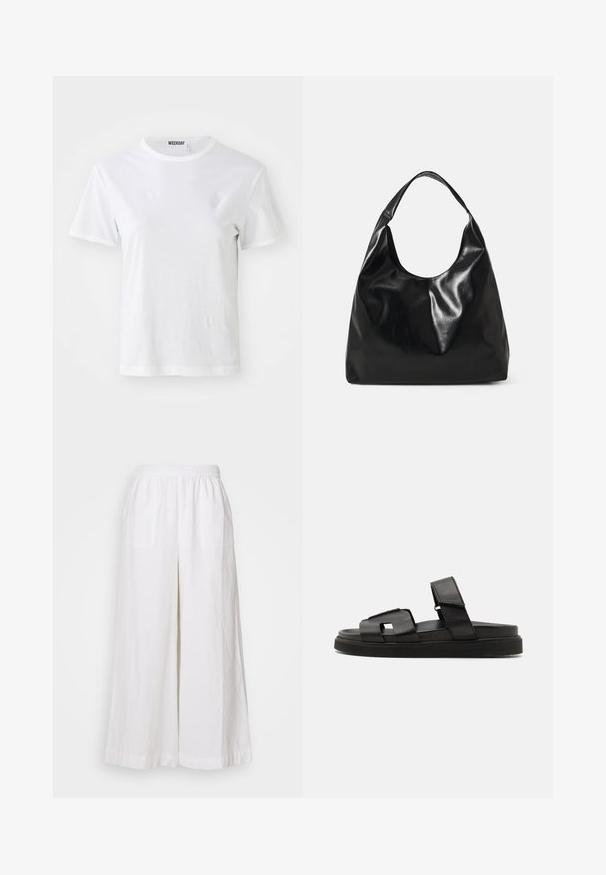 Camiseta blanca de manga corta hecha de una tela suave. Cuenta con un escote redondo y un corte recto, con una etiqueta en el cuello interior.; Pantalones de lino blanco de pierna ancha con cintura elástica, que cuentan con dos bolsillos frontales y una tela ligera y texturizada.; Sandalias planas de cuero negro con diseño de tiras anchas con recortes geométricos y un acabado texturizado, complementadas con una suela gruesa de goma.; Bolso hobo de cuero negro con una textura suave y brillante y un diseño de parte superior redondeada y abierta. Cuenta con una amplia correa curvada para llevar. Sin hardware visible.