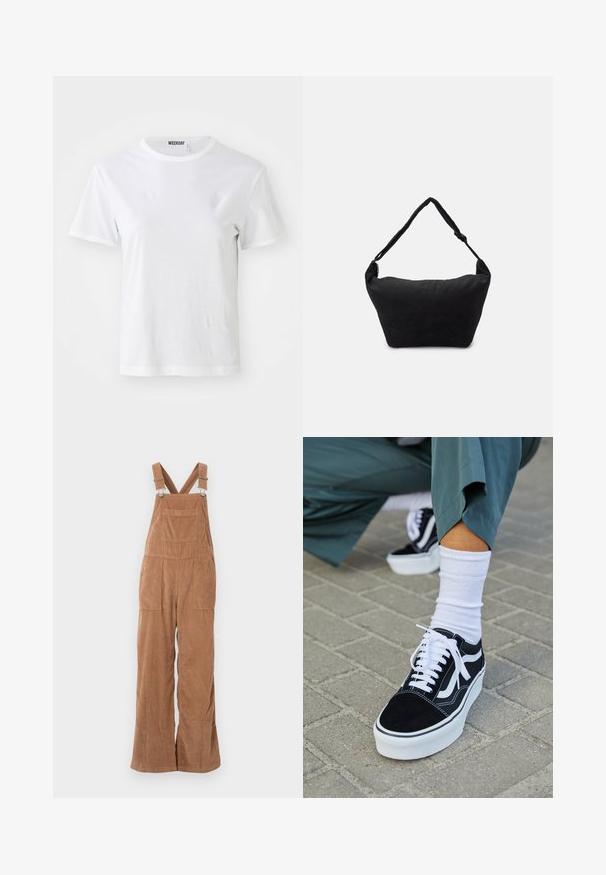 Camiseta blanca de manga corta hecha de una tela suave. Cuenta con un escote redondo y un corte recto, con una etiqueta en el cuello interior.; Pantalones de tirantes de pana marrón con piernas anchas, tirantes ajustables y bolsillo frontal. Textura suave con patrón de acanalado vertical.; Zapatillas de ante negro con acentos y cordones blancos, que cuentan con una gruesa suela blanca y costuras en contraste, combinadas con un calcetín blanco.; Bolso de hombro de tela negro con una superficie suave y texturizada, forma redondeada y una sola correa. Diseño minimalista sin hardware ni acentos visibles.