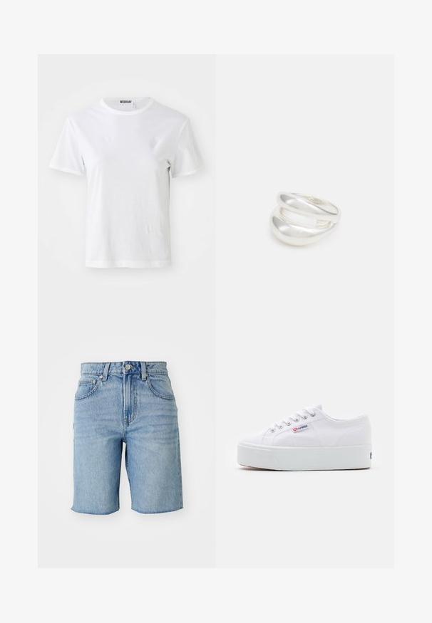 Camiseta blanca de manga corta hecha de una tela suave. Cuenta con un escote redondo y un corte recto, con una etiqueta en el cuello interior.; Pantalones cortos de mezclilla de color azul claro con cintura alta, cinco bolsillos y dobladillo deshilachado. La tela presenta un lavado desvanecido con sutiles variaciones de textura.; Zapatilla de lona blanca con una gruesa suela de plataforma blanca, punta redonda y ojales de metal para los cordones. Logotipo de la marca mostrado en el lateral.; Anillo de plata de doble banda con una superficie lisa y pulida. Presenta un diseño fluido y curvado con secciones superpuestas para un aspecto moderno.
