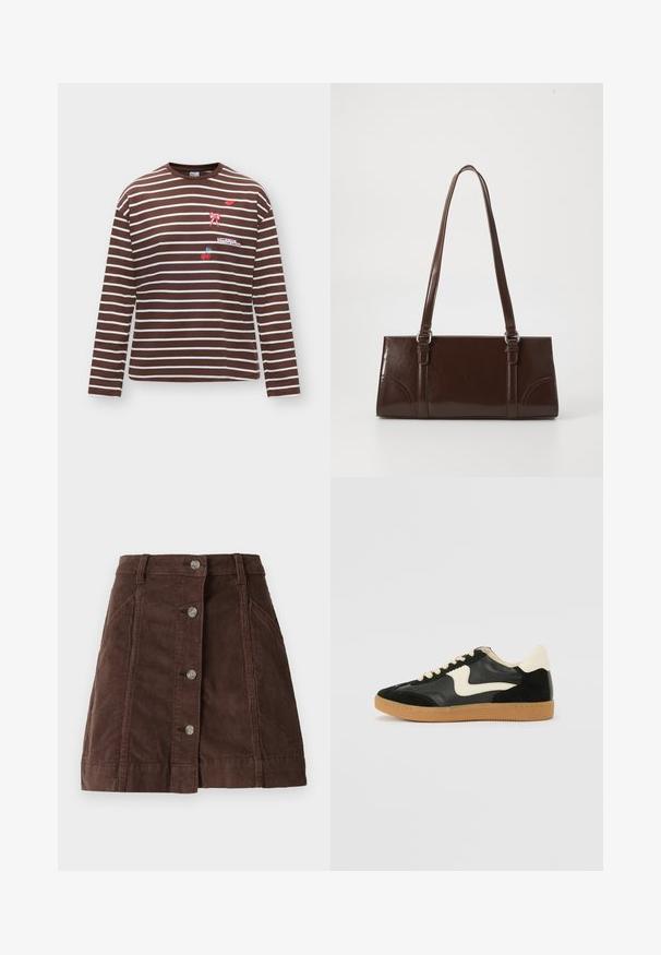 Langärmliges braun-weiß gestreiftes Shirt mit kleinen, bestickten roten Lippen, rosa Schleife, Kirsche und Textapplikationen auf der Vorderseite.; Brauner Cord-Rock im A-Linien-Schnitt mit vorderem Knopfverschluss und Seitentaschen, mit Gürtelschlaufen und vertikalen Nahtdetails.; Schwarze Wildleder- und Leder-Sneaker mit einem cremefarbenen Seiten-Swoosh und einer hellcremefarbenen Ferse. Ausgestattet mit beige Schnürsenkeln und einer Gummilaufsohle.; Braune Lackleder-Handtasche in rechteckiger Form, mit zwei langen Griffen und subtilen, geschwungenen Akzenten auf der Vorderseite.