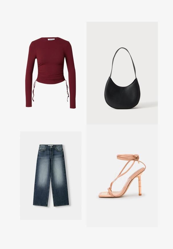 EDITED ZILLY - Longsleeve - rot; Wijdere denim jeans in donkerblauw, met een vervaagde wassing. Vijf-pocket ontwerp met een knoopsluiting en riemlussen.; Lichte roze sandaal met hoge hakken en banden, met een transparant middenpaneel en een metallic roségouden hak in bamboevorm. Textuurafwerking.; Zwarte leren schoudertas in halve maansvorm met een enkele riem en subtiel gegraveerde merknaam op een effen lichte achtergrond.