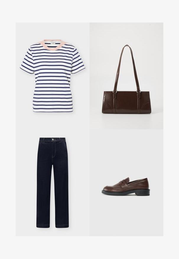 T-shirt en coton à manches courtes avec des rayures horizontales bleu marine et un col rond rose clair, vue de face sur fond uni.; Jean en denim bleu foncé taille haute, coupe droite, poches avant, fermeture à boutons et passants de ceinture sur fond clair.; Mocassins en cuir marron avec un bout arrondi, présentant une sangle décorative sur le dessus, et un talon bas en caoutchouc noir texturé.; Sac à main en cuir verni marron de forme rectangulaire, avec deux longues poignées et des accents courbés subtils à l'avant.