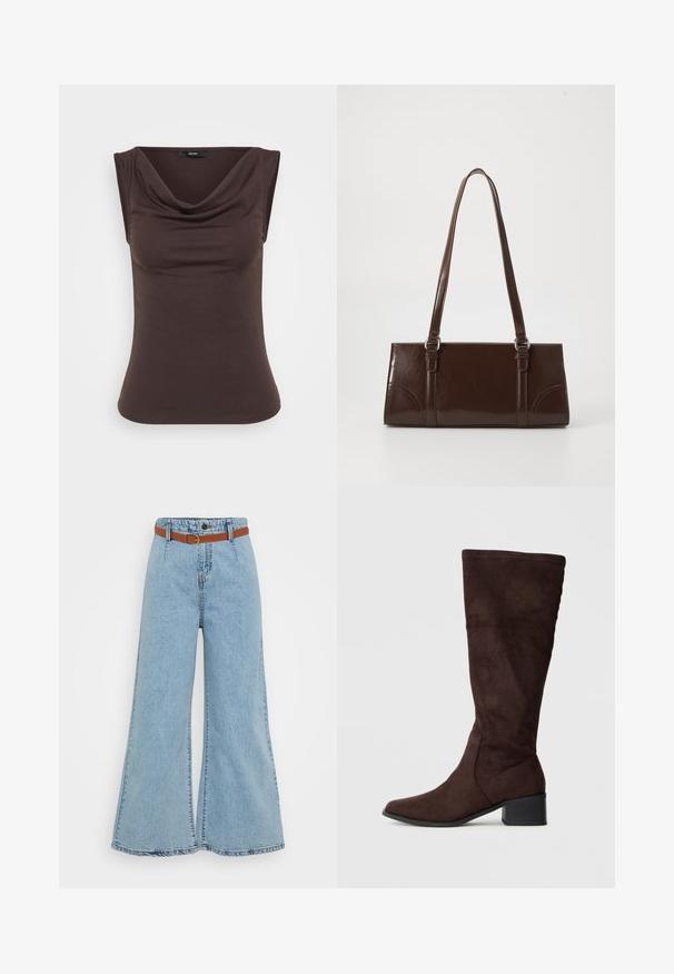 Haut sans manches marron avec un col drapé, fabriqué à partir d'un tissu doux. Texture lisse avec une silhouette ajustée et aucun matériel visible.; Jeans large bleu clair avec taille haute, bande élastique et une ceinture marron contrastante. Présente des coutures visibles et un ourlet effiloché.; Bottes en daim marron jusqu'au genou avec un bout pointu et un talon carré. Texture lisse, design ajusté avec des détails de couture minimaux.; Sac à main en cuir verni marron de forme rectangulaire, avec deux longues poignées et des accents courbés subtils à l'avant.