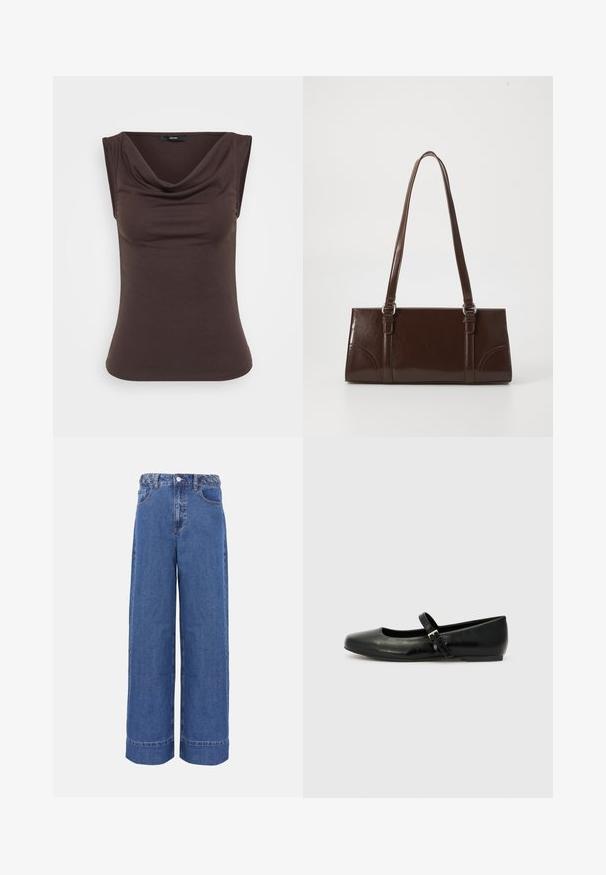 Haut sans manches marron avec un col drapé, fabriqué à partir d'un tissu doux. Texture lisse avec une silhouette ajustée et aucun matériel visible.; Jean en denim bleu à jambes larges avec ceinture tressée, bouton frontal et poches, présenté sur un fond uni.; Ballerines en cuir noir avec un bout arrondi, une semelle plate et une fine sangle ajustable sur le cou-de-pied avec une boucle en métal.; Sac à main en cuir verni marron de forme rectangulaire, avec deux longues poignées et des accents courbés subtils à l'avant.