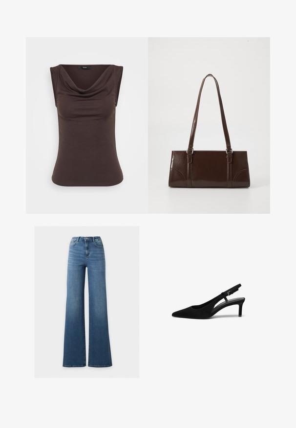 Brauner ärmelloser Top mit einem drapierten Rollkragen, aus weichem Stoff gefertigt. Glatte Textur mit einer figurbetonten Silhouette und ohne sichtbare Hardware.; Blaue Jeans mit hohem Bund und weitem Bein, vorne mit Knopf und Reißverschluss, zwei Vordertaschen und klassischem Fünf-Taschen-Design.; Schwarzer Wildlederslingback-Schuh mit spitzem Zehenbereich, niedrigem Absatz, offenen Seiten und verstellbarem Riemen mit einer Metallschnalle. Glatte Textur.; Braune Lackleder-Handtasche in rechteckiger Form, mit zwei langen Griffen und subtilen, geschwungenen Akzenten auf der Vorderseite.
