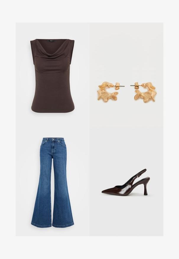 Bruine mouwloze top met een gemaakte col halslijn, gemaakt van zachte stof. Gladde textuur met een aansluitende silhoutte en geen zichtbare hardware.; Blauwe denim flared jeans met een hoge taille, voorzien van een klassieke vijf-pocketontwerp en een gladde textuur. De zoom is breed en afgewerkt.; Bruine gepatineerde leren slingback pumps met een spitse neus, een dunne hak en een verstelbaar bandje met een kleine gesp.; Oorbellen in goudkleur met een abstracte, organische vorm, voorzien van een gestructureerd oppervlak en een sluiting met oorstekers.