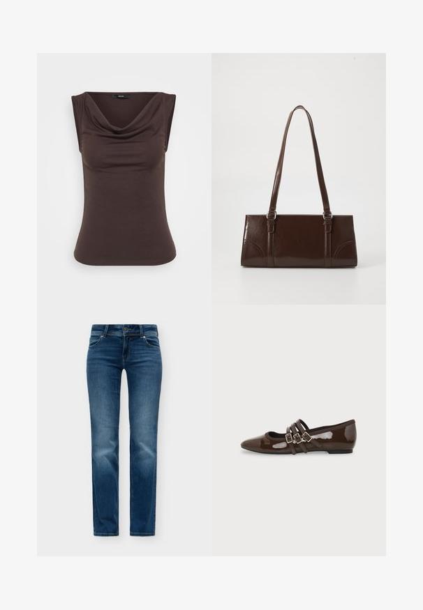 Haut sans manches marron avec un col drapé, fabriqué à partir d'un tissu doux. Texture lisse avec une silhouette ajustée et aucun matériel visible.; Jean en denim bleu avec un design classique à cinq poches, fermeture par bouton et fermeture éclair, et légère décoloration sur les cuisses et les genoux avant.; Chaussure plate en cuir verni marron avec bout pointu et trois brides ajustables à boucle sur le côté, vue du profil extérieur.; Sac à main en cuir verni marron de forme rectangulaire, avec deux longues poignées et des accents courbés subtils à l'avant.