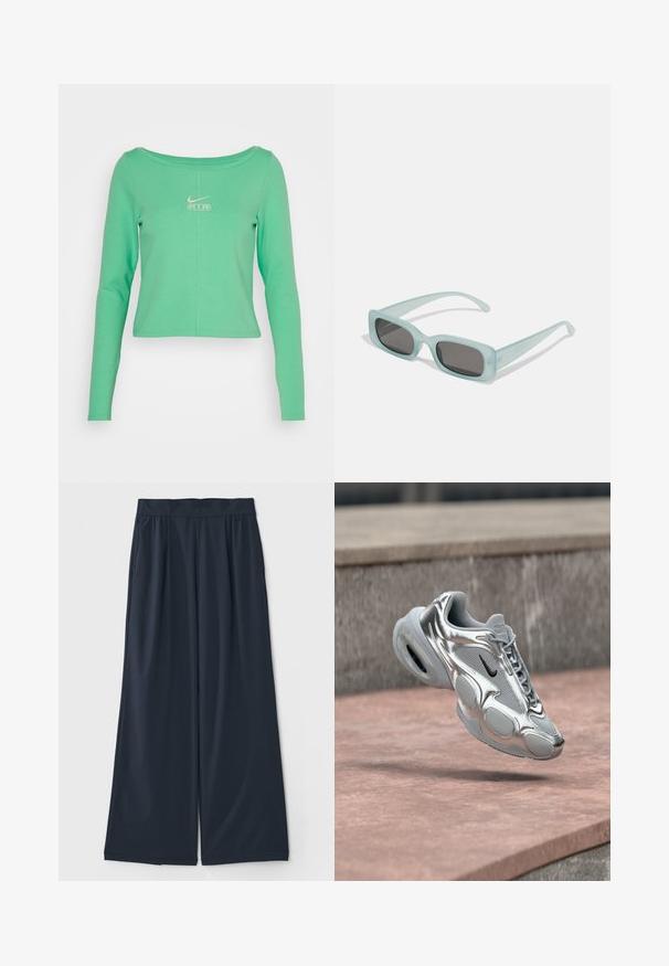 Dlhý rukáv, skrátená, mentolovo zelená košeľa vyrobená z hladkej bavlny, s okrúhlym výstrihom a bielym logom Nike Air na hrudi.; Tmavomodré nohavice s širokými nohavicami vyrobené z mäkkej tkaniny; obsahujú elastický pás a dve bočné vrecká pre pohodlie.; Strieborné a sivé tenisky Nike Air s čiernym logom, ktoré kĺžu nad ružovkastým betónovým povrchom a kamenným pásom v pozadí.; Párik obdĺžnikových slnečných okuliarov s svetlomodrými priehľadnými rámami a tmavosivými sklami, s rovnými stranami a minimálnymi hardvérovými detailmi.